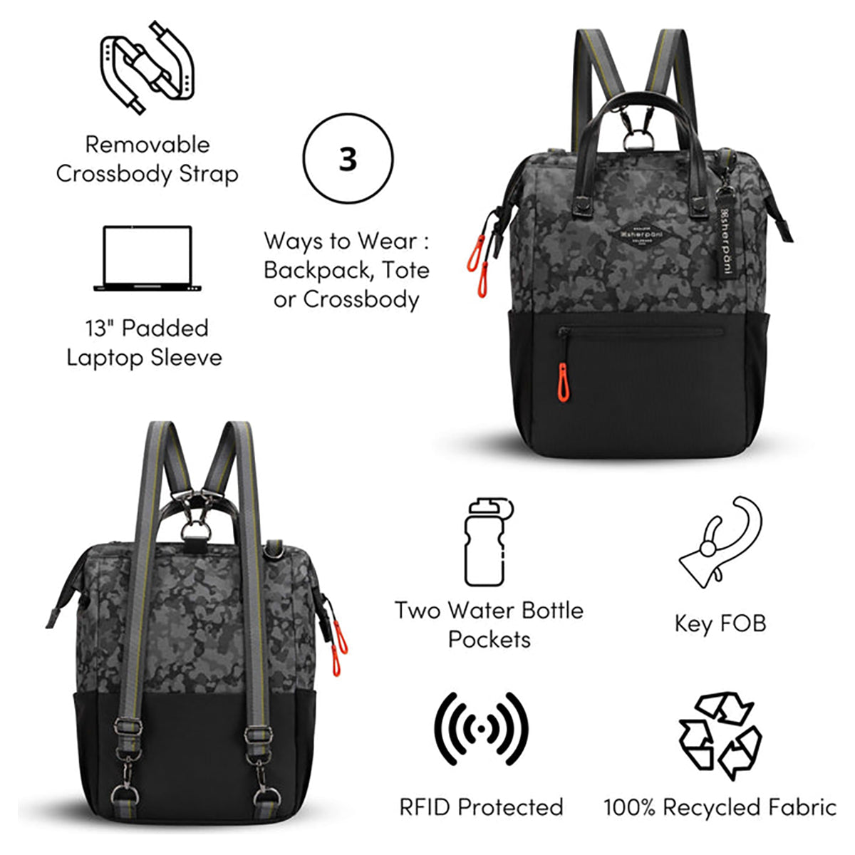 Sherpani Essentials Dispatch Backpack/Crossbody/Tote Bag