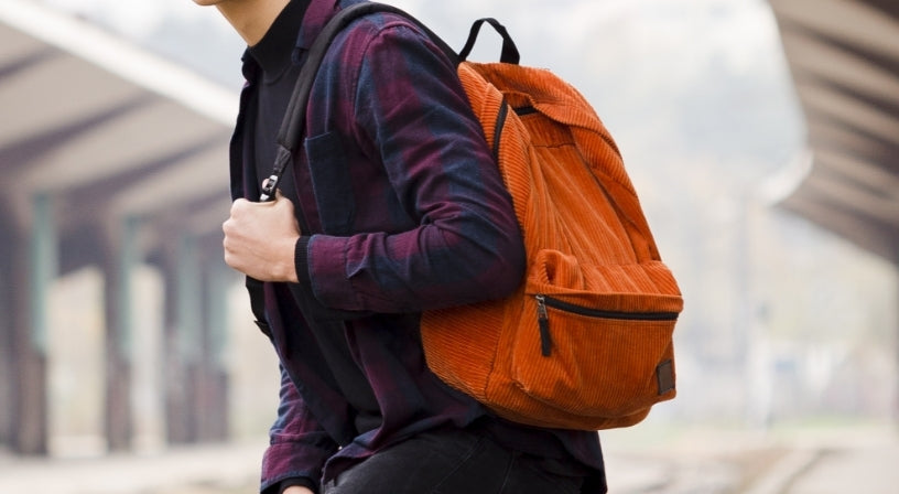 Man carrying Delsey backpack after shopping Delsey luggage at bagdUp